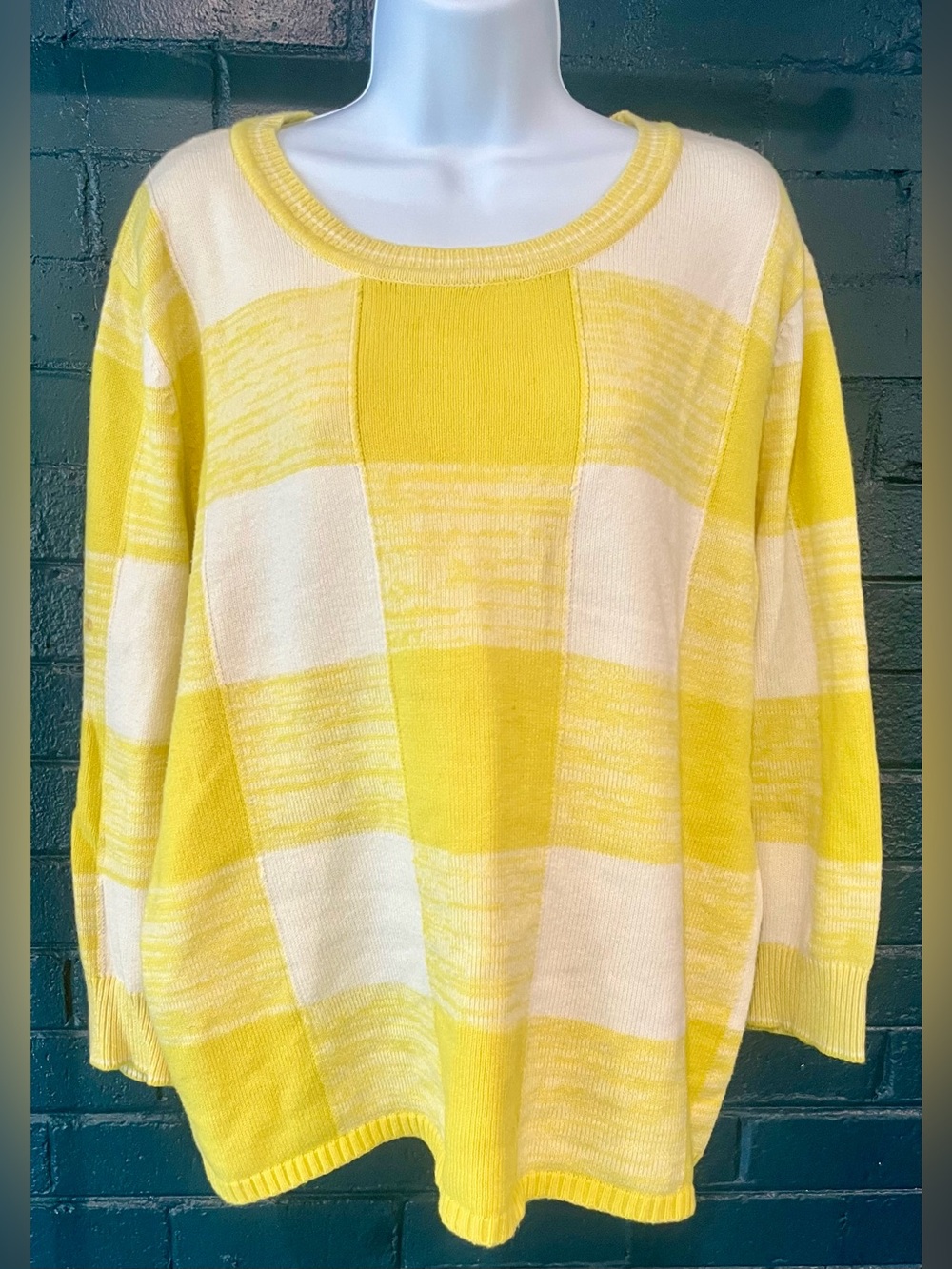 Yellow and Cream Plaid Block Knit Sweater